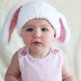 White and Soft Pink Baby Girls Bunny Crochet Baby Hat With Ear Flaps For 0-24 Months Old Girl, Pom Pom Hat Bunny Hat with Pink Ears