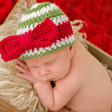 Red Christmas Bow Striped Christmas Baby Girl Hat Newborn Crochet Baby Hat Infant Hat