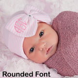 Personalized Pink and White Striped Newborn Baby Girl Nursery Beanie Hat With Big Bow and Gem Infant Beanie Hat