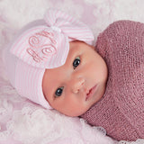 Monogrammed Newborn Baby Girl Hospital Beanie Hat With Bow and White Ribbon Center Infant Beanie Hat