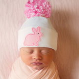 Pink Mixed Pom Pom with Pink Bunny Patch Newborn and Baby Girl Beanie Hat Newborn Hat Infant Hat