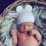 Pure White Newborn Baby Hospital Nursery Beanie Hat with Bear Ears - Gender Neutral Infant Hat Newborn Hat