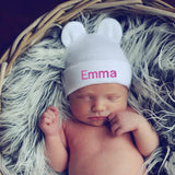 Personalized White Newborn Baby Boy Hospital Beanie Hat with Bear Ears, Pink, Purple, Blue Letters, Infant Hat Newborn Hat