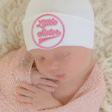 White Color Newborn Baby Boy Hospital Beanie Hat, Baseball Font - Little Brother Patch - Red and Navy Blue
