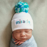 Miracle Boy Mixed Blues Pom Pom and Miracle Patch Baby Hospital Beanie Hat, White Infant Hat Newborn Hat