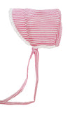 Wide Stripe Pink and White Seersucker Girl's Bonnet with Eyelet Trim Baby Bonnet - Monogram Optional Infant Hat Newborn Baby Sun Hat
