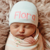 Personalized Newborn Baby Girl Hospital Beanie Hat with Pink Letters, Pure White Color Newborn Hat Infant Hat