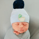 Striped Just Hatched Newborn baby Hospital Beanie Hat with Navy Pom Pom Infant Hat Newborn Hat