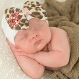 Monogrammed Leopard Bow Baby Newborn Girl Hospital Hat - White Hat with Leopard Fabric Bow