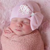 Pink Bow Hat with Monogrammed Initials Nursery Newborn Baby Girl Hospital Beanie Hat Newborn Hat Infant Hat