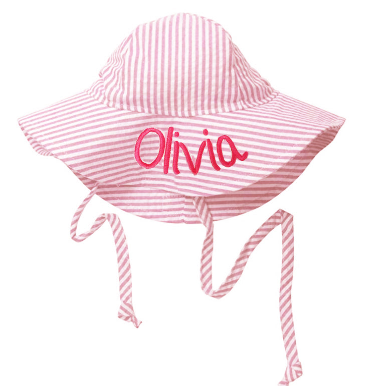 Personalized Pink and White Wide Brim Seersucker Baby Sun Hat Newborn Hat Infant Summer Hat