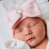 Newborn Baby Girl Hospital Nursery Beanie Hat With Vintage Pearl Pink and White Striped Big Bow Infant Hat Newborn Hat