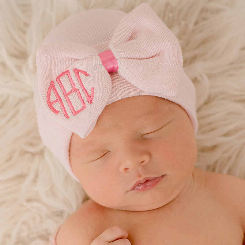 Soft Pink Newborn Baby Girl Hospital Beanie Hat with Embroidered Monogram Bow, Newborn Hat Infant Hat