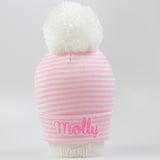 Wide Pink and White Striped Newborn Baby Girl Hospital Beanie with White Pom Pom Hat Infant Hat Newborn Hat (personalization optional)