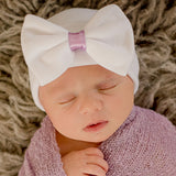 White Big Bow Newborn Baby Girl Hospital Beanie Hat with Bridgett Bow & Purple Ribbon Infant Hat Newborn Hat
