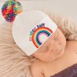 Newborn Baby Hospital Beanie Hat with Pom Pom and Rainbow Patch,  White Color, Gender Neutral Newborn Hat Infant Hat