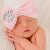 Pink and White Seersucker Monogrammed Bow Newborn Baby Girl Hospital Beanie Hat Newborn Baby Hat Infant Hat