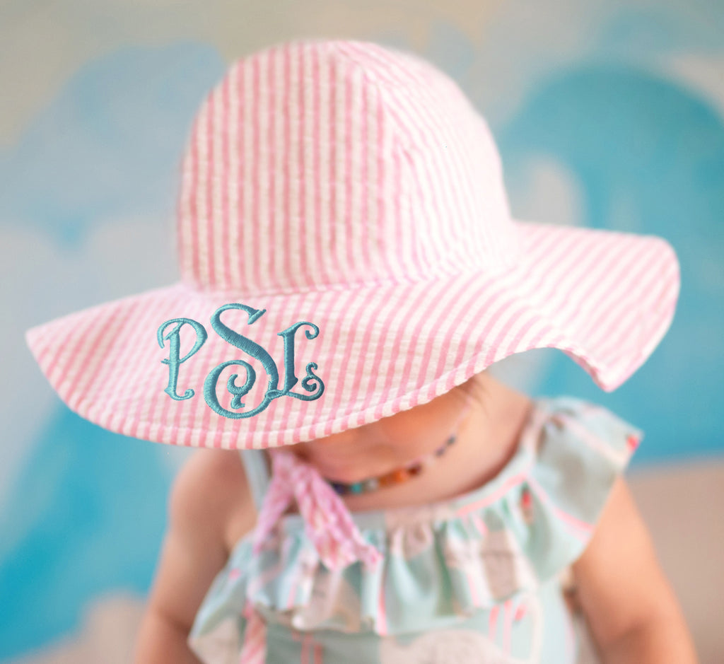 Monogrammed or Personalized Name Pink and White Wide Brim Seersucker Baby Sun Hat Infant Hat Newborn Summer Hat