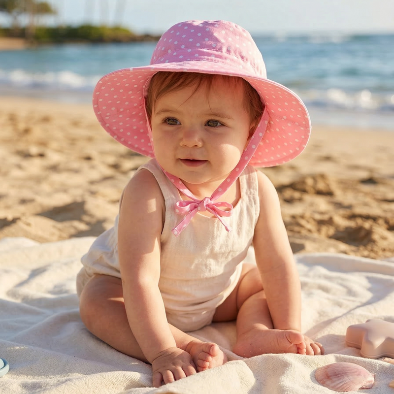 Pink and White Polka Dot Wide Brim Baby Sun Hat With UPF 50 Sun Protection Infant Hat Newborn Hat