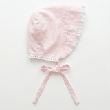 Pink Swiss Dot Fabric with Girl's Bonnet with White Eyelet Trim Baby Bonnet - Monogram Optional Infant Hat Newborn Baby Sun Hat