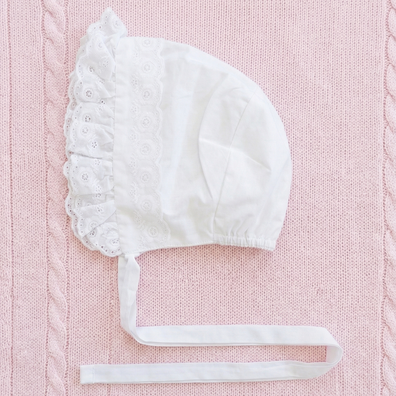 White Lace Eyelet Girl's Bonnet with Eyelet Trim Baby Bonnet - Monogram Optional Infant Hat Newborn Baby Sun Hat