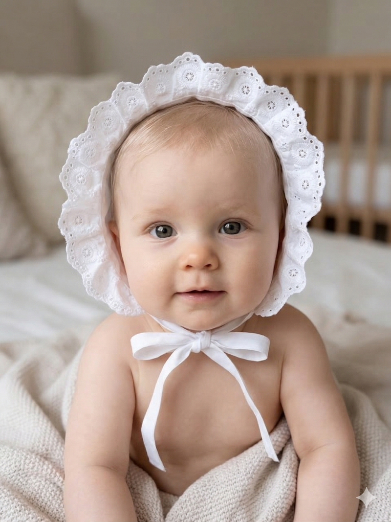 White Lace Eyelet Girl's Bonnet with Eyelet Trim Baby Bonnet - Monogram Optional Infant Hat Newborn Baby Sun Hat