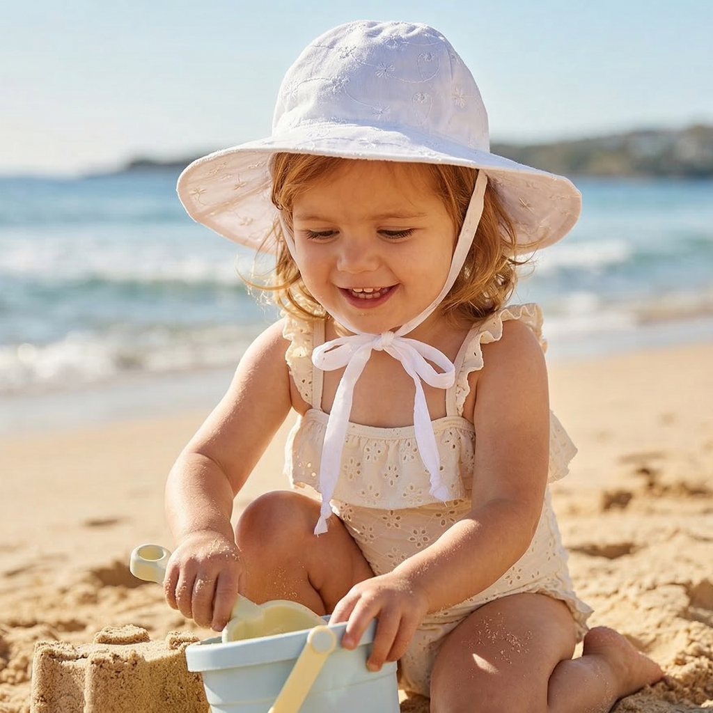 infant hats for summer White Eyelet Wide Brim Baby Sun Hat With UPF 50 Sun Protection Infant Hat Newborn Hat