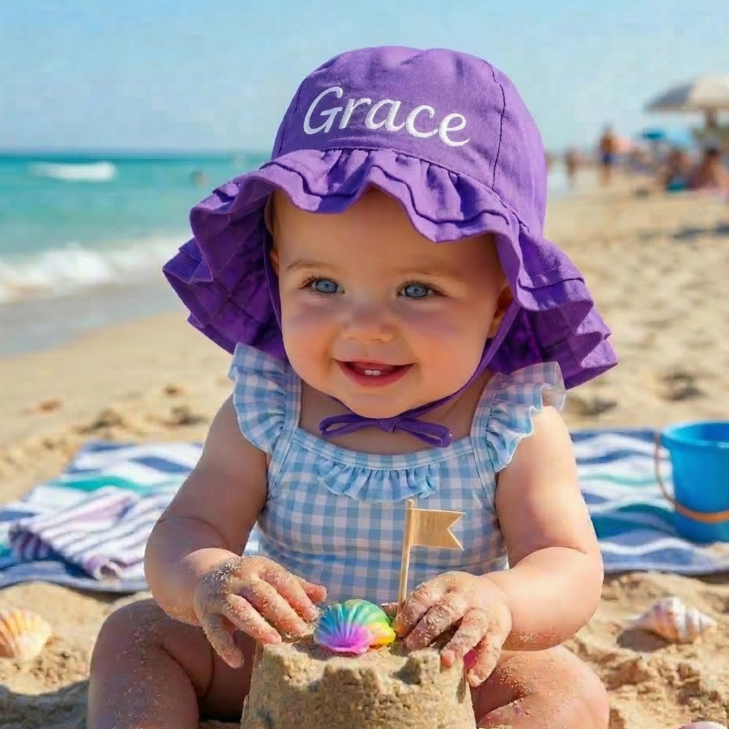 Personalized Hot Pink Baby Sun Hat With Embroidered Double Ruffle Brim & UPF 50+ Sun Protection Infant Hat Newborn Summer Hat 2-3 years PURPLE