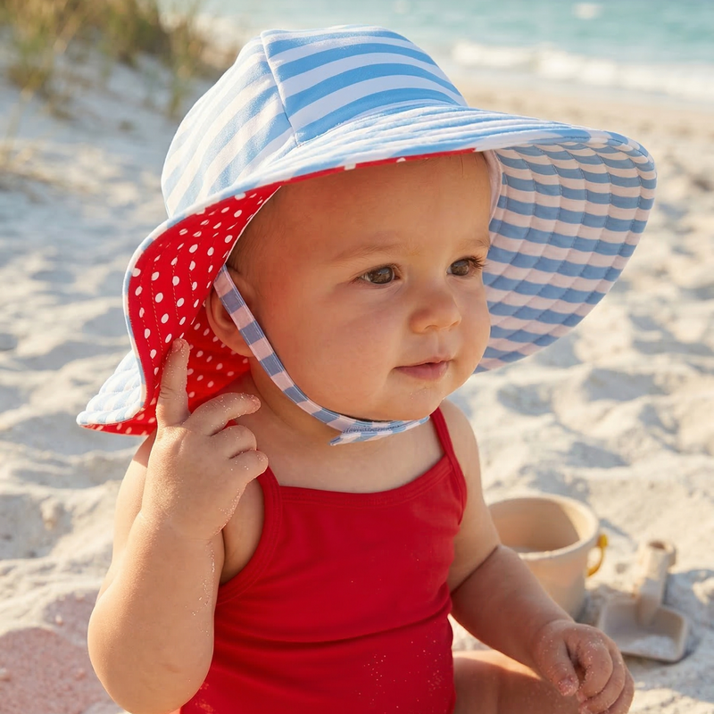 Swim Sun Hat Wide Blue White Stripe with Red Polka Dot Lining Sun Hat Velcro Chin Strap