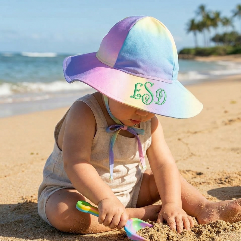 Ombre Rainbow Wide Brim Baby and Toddler Girl Sun Hat, UPF 50 Sun Protection, Personalized Options Infant Hat Newborn Summer Hat