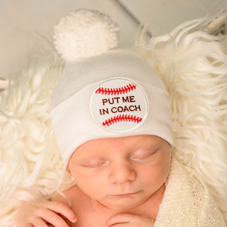 Put Me In Coach Pom Pom - Blue or White Baseball Hat for Newborn Boys - Sports Hospital Hat (Copy)