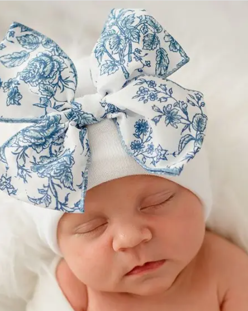 Newborn Hospital Hat with Toile Floral Bow - pink, blue and purple