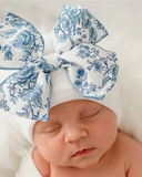 Newborn Hospital Hat with Toile Floral Bow - pink, blue and purple