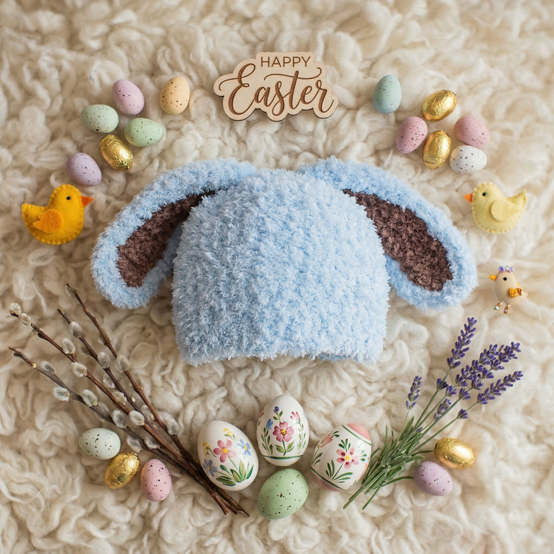 Baby Blue and Brown Bunny Bop Easter Hat Infant Winter Hat Newborn Crochet Baby Hat
