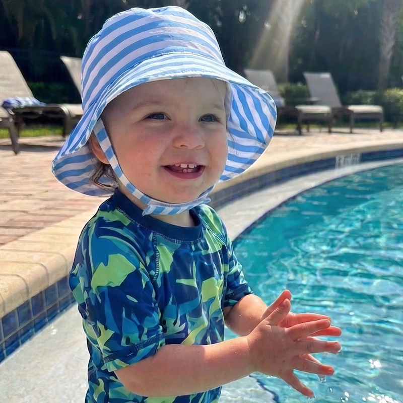 Wide Blue White Stripe Sun Hat Velcro Chin Strap