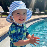 Wide Blue White Stripe Sun Hat Velcro Chin Strap