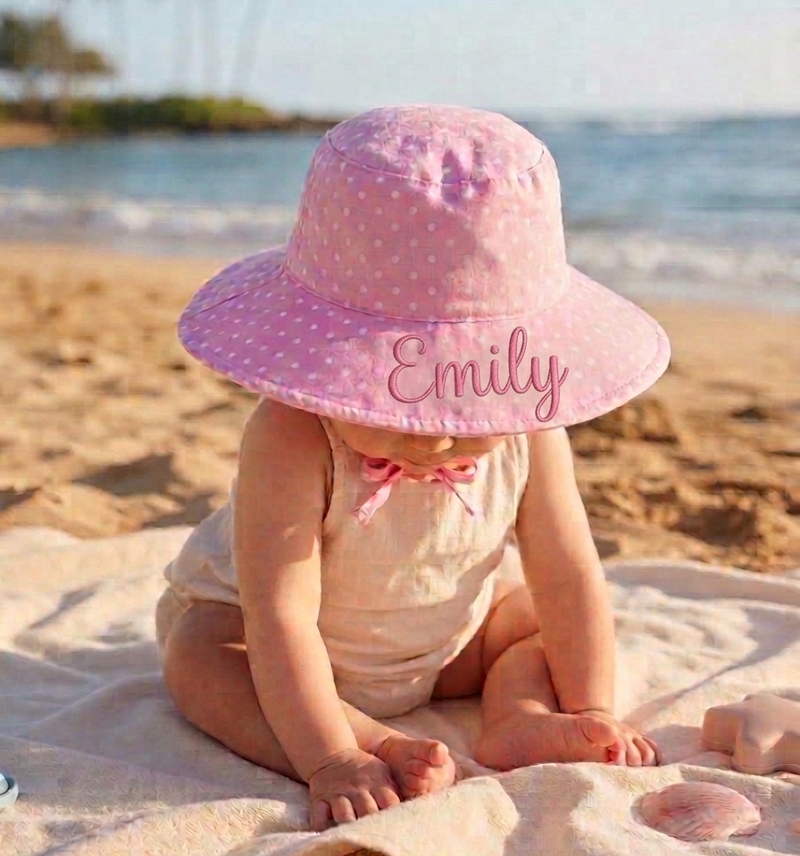 Pink and White Polka Dot Wide Brim Baby Sun Hat With UPF 50 Sun Protection Infant Hat Newborn Hat