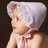 Pink and White Seersucker Girl's Bonnet with Eyelet Trim Baby Bonnet - Monogram Optional Infant Hat Newborn Baby Sun Hat