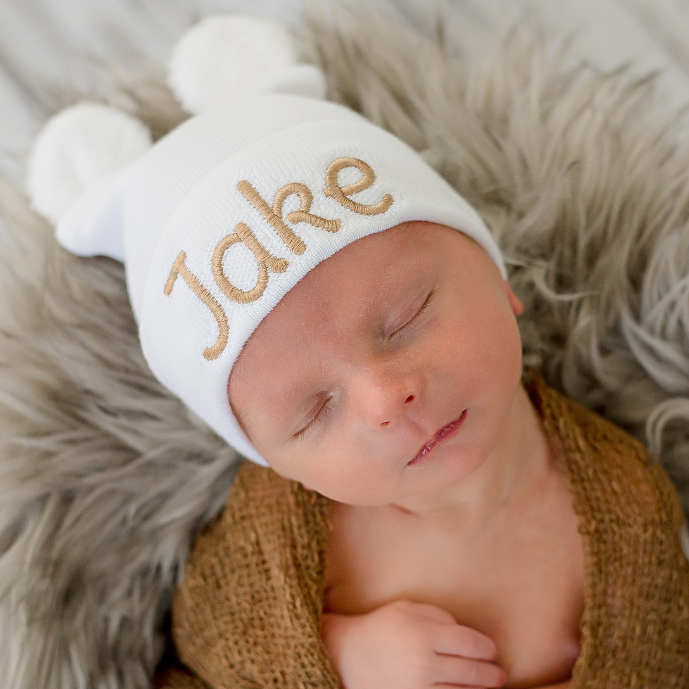 Personalized Newborn Baby Boy or Girl Hospital Beanie Hat with Fuzzy Bear Ears, White Color, Gender Neutral