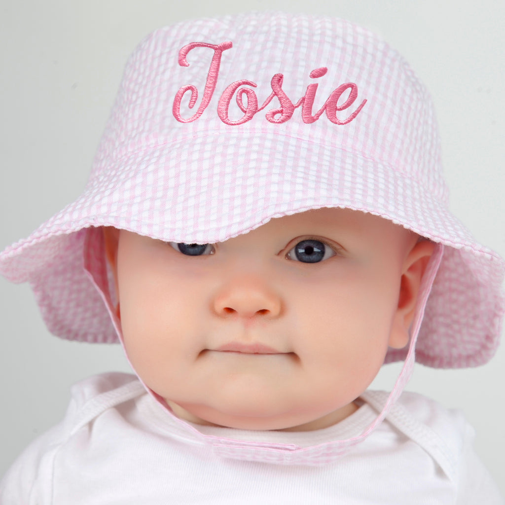 summer infant hat Pink & White Seersucker Personalized Sun Hat for Baby and Toddler Girls Newborn Hats Infant Summer Hat Pink 12-24 months