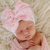 Newborn Hospital Hat with Toile Floral Bow - pink, blue and purple