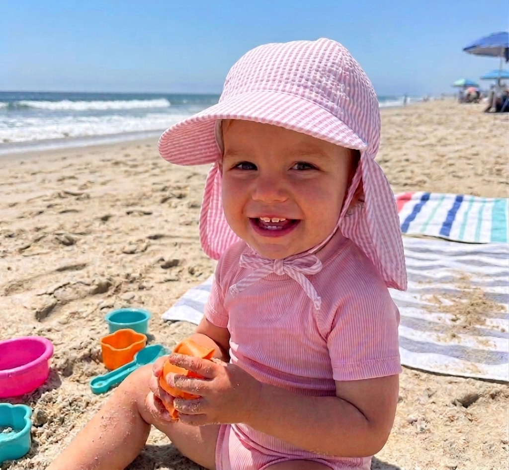 Personalized Pink and White Preppy Seersucker Stripe Sun & Swim Sun Hat for Baby Girls Newborn Hats Infant Summer Hat 2-4 years