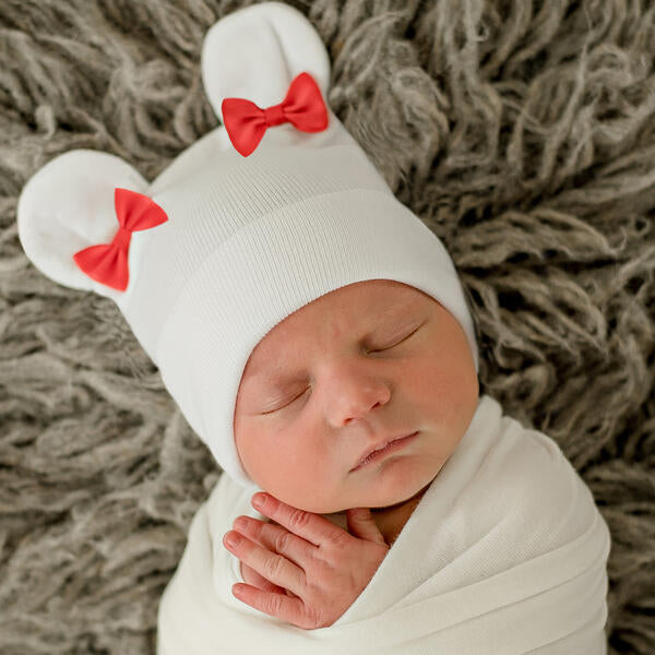 White Bear with Red Bows at Ears for Newborn Girls Hospital Hat - Newborn and 0-3 months