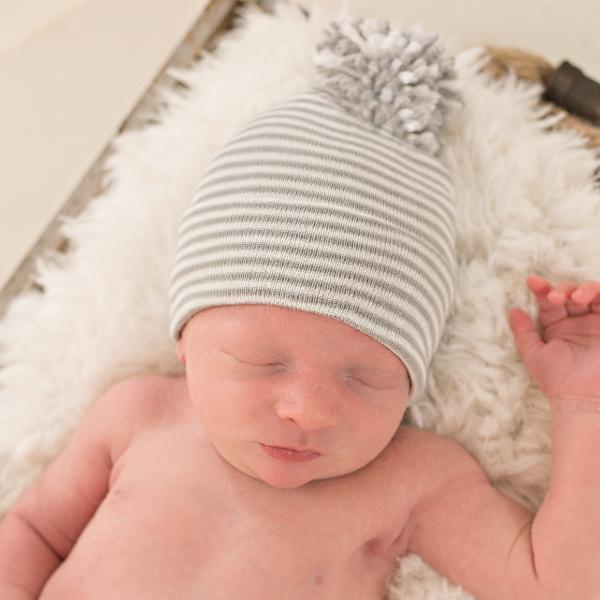 Newborn Boy Hospital Beanie Hat, Grey and White Striped Nursery Beanie With Mixed Pom Pom Infant Hat Newborn Hat