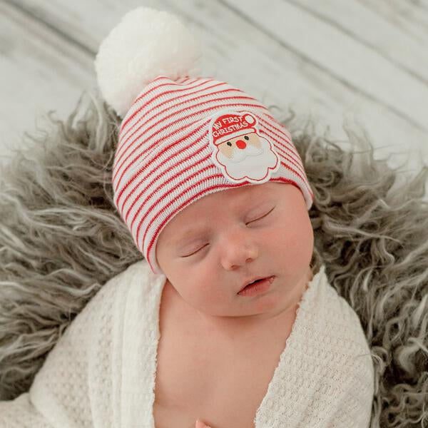 Striped Santa My First Christmas Newborn Hospital Pom Pom Hat Infant Beanie Hat Newborn Hat