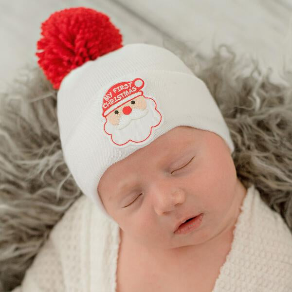 Newborn First Christmas Hospital Beanie Hat with Red Pom Pom, White Color Infant Beanie Hat Newborn Pom Pom Hat