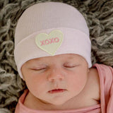 Pink Or White Newborn Girl Hospital Hat with Xoxo Candy Heart Yellow Patch  - Valentines Baby Hat Newborn Hat Infant Hat