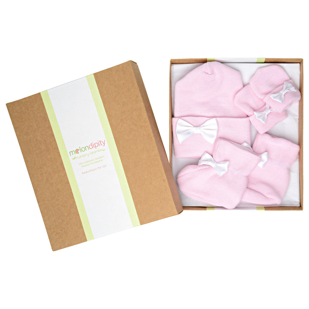 Soft Pink and White Satin Bow Receiving Newborn Girls Nursery Hat, Mittens and Booties Set