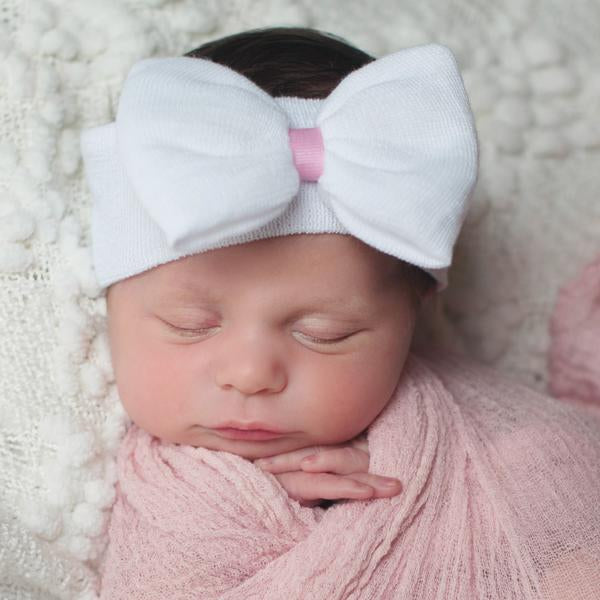 White Newborn Baby Girl Nursery Bow Headband with Pink or White Ribbon Center