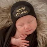 Gold Prince Crown Patch Newborn Baby Boy Hospital Beanie Hat, Black Color Infant Hat Newborn Hat